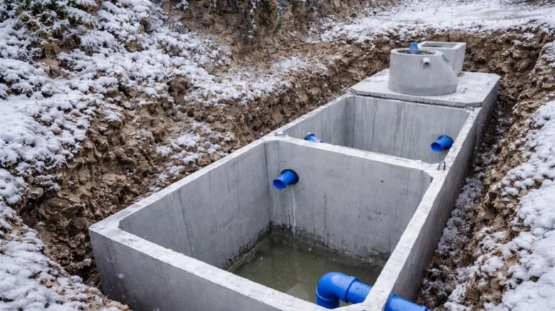 Nově instalovaný betonový septik v zasněženém zákopu s modrými potrubími.