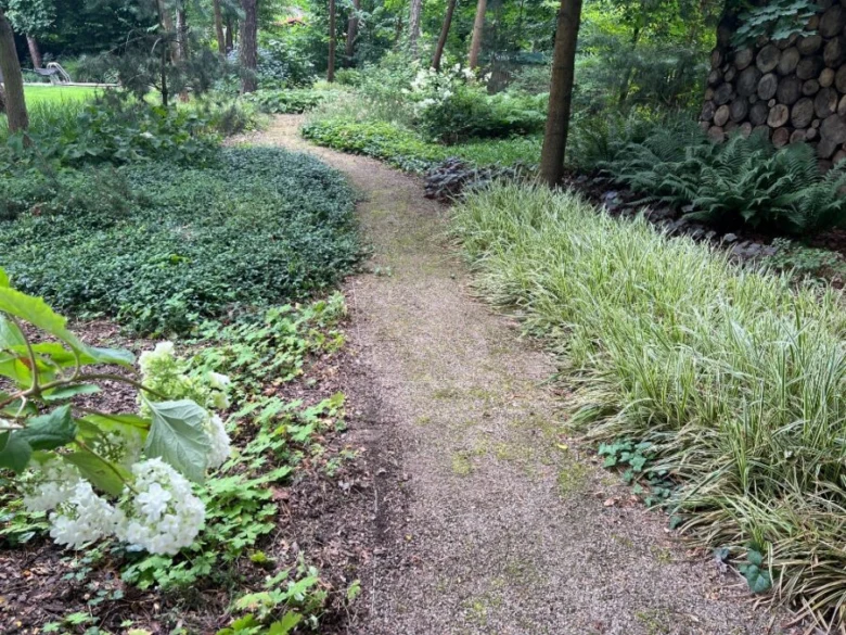 Zpevněná štěrkiná cesta v zahradním prostředí s okolní vegetací.