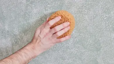 Ruka drží přírodní houbičku na zdi při malování.