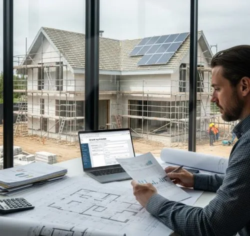 Muž studuje plány pro novostavbu domu s fotovoltaickými panely na střeše.