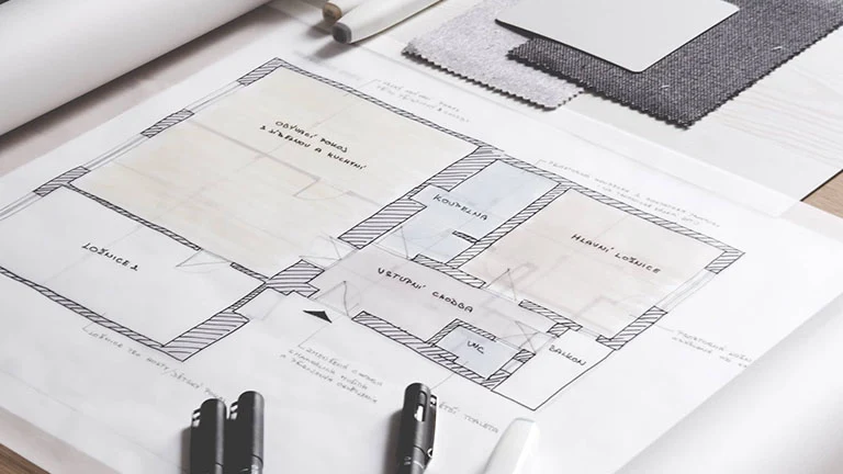 Architektonický plán bytu s nábytkem na stolu pro návrh interiéru.