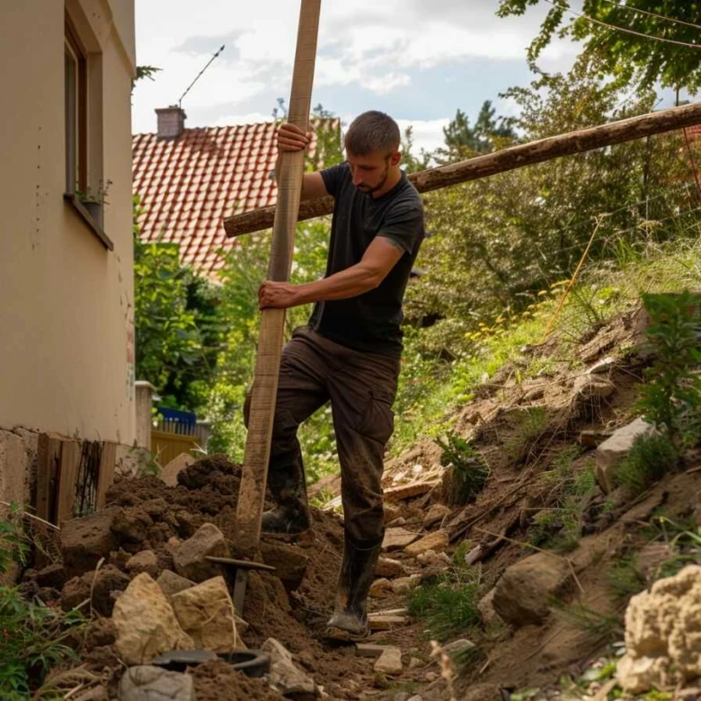 Muž zpevňuje svah velkými dřevěnými trámy.