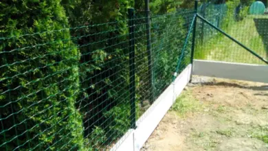 Zelený drátěný plot s betonovým základem pro ochranu před psy.