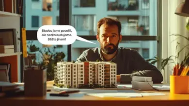 Architekt sedí u stolu s modelem budovy.
