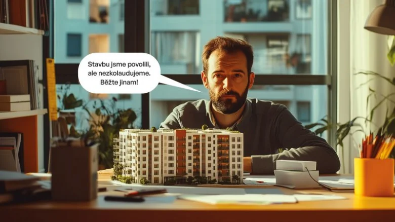 Architekt sedí u stolu s modelem budovy.