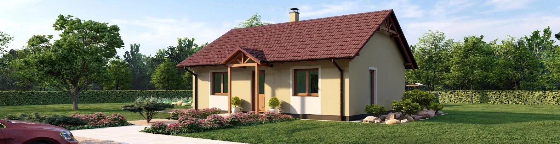 Moderní dům se sedlovou střechou a dřevěnými krovy na pozadí zelené zahrady.