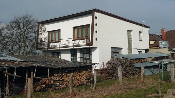 Moderní dům s dřevěnou palivovou skladou a stromy.