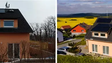 Dům s fotovoltaikou na střeše a hromosvodem pro ochranu.