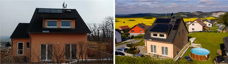 Dům s fotovoltaikou na střeše a hromosvodem pro ochranu.
