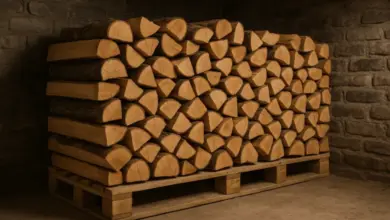 Správně uskladněné dřevo na paletu v kamenné místnosti.