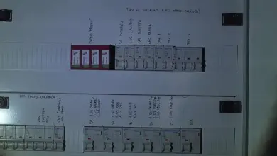 Otevřená rozvaděč s pojistkami a ručně psanými popisky pro domovní instalaci.