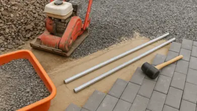 Šterk pod zámkovou dlažbu s nástroji pro pokládku.
