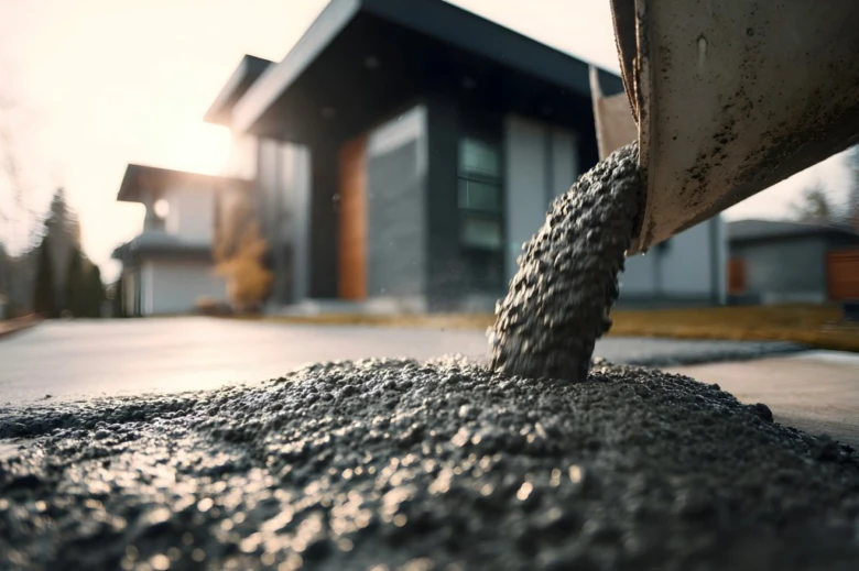 Čerstvý beton se nalévá na povrch pro zpevněný nájezd do garáže.