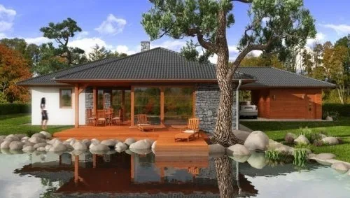 Moderní projekt bungalovu s garáží a dekorativním rybníkem.