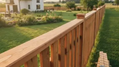Nová dřevěná plot z vodorovných prken s materiály pro montáž.