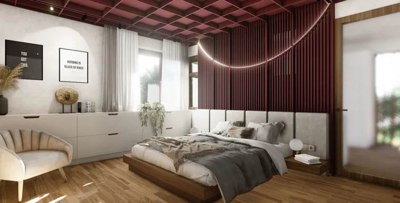 Moderní ložnice s tmavě červeným stropem a bílými nábytky.