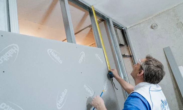 Montážník měří rámeček pro sádrokartonové desky značky Habito.