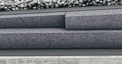 Detail ukončení ploché střechy s kamennou fasádou bez atiky.