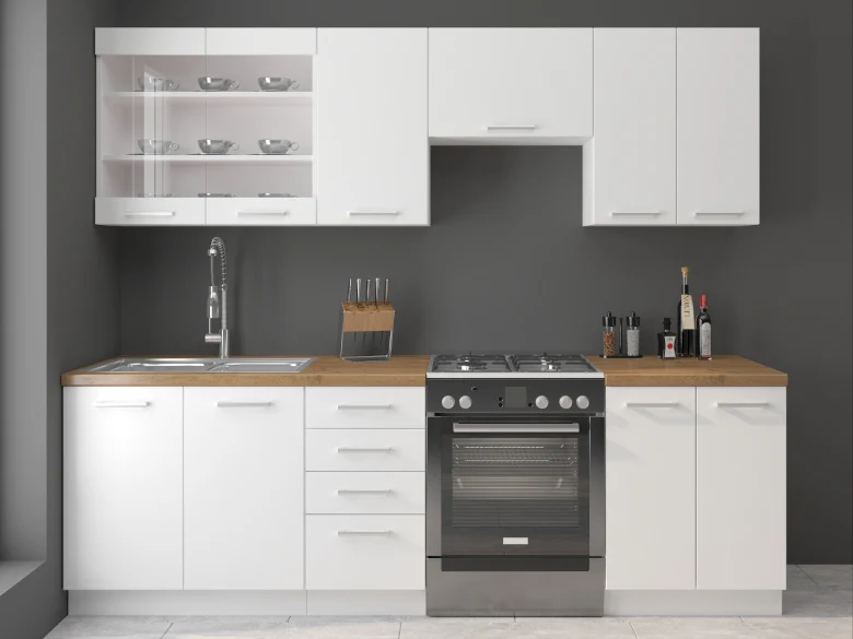 White kitchen with wood countertop