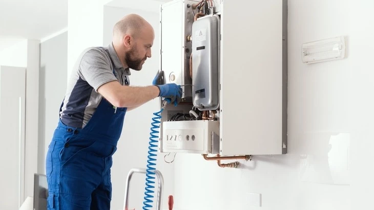 Technik provádí revizi plynového kotle v interiéru.