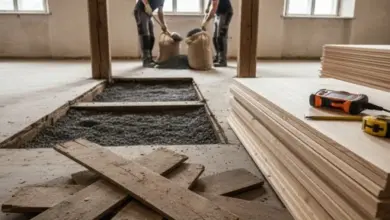 Dva dělníci bourají podlahu ve starém domě s dřevěnými sloupy a okny.
