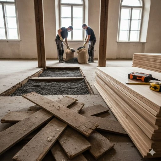 Dva dělníci bourají podlahu ve starém domě s dřevěnými sloupy a okny.
