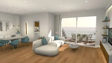 3D návrh interiéru s pohledem na terasu