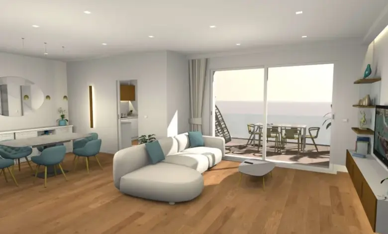3D návrh interiéru s pohledem na terasu