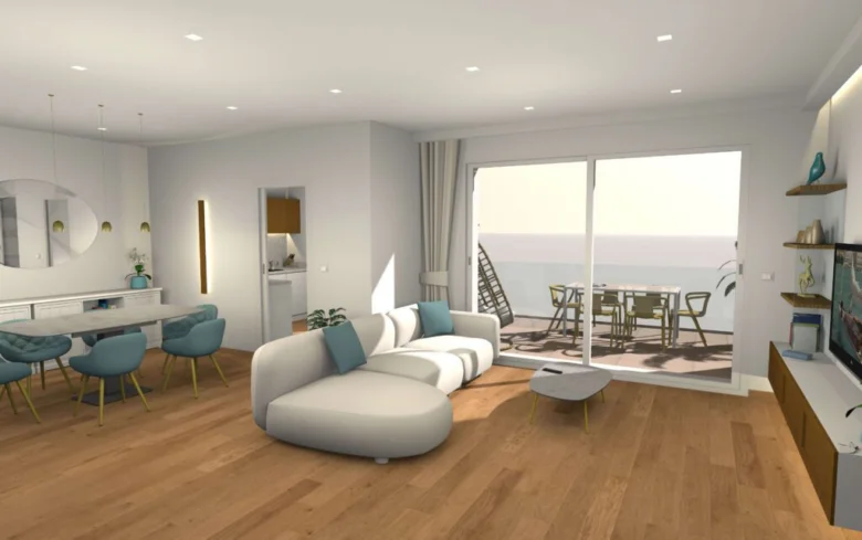 3D návrh interiéru s pohledem na terasu