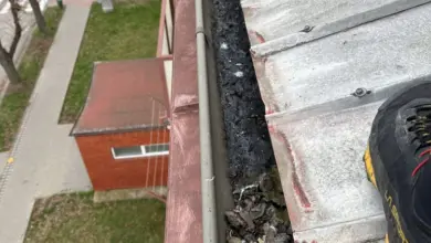 Zaplněný okap listím a špínou na střeše domu.