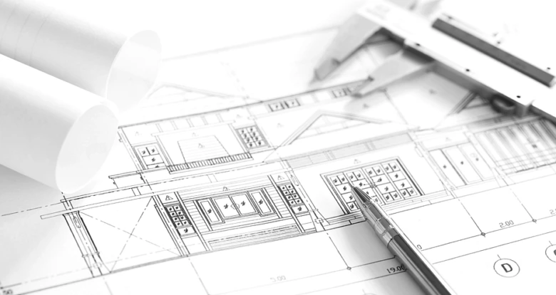 Architektonické plány s nástroji pro instalaci oken.