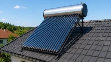 Solární ohřívač vody s vakuumi na střechu domu.