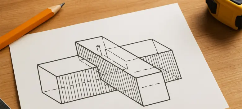Rýsovaná technická ilustrace dřevěného spoje s tužkou na papíře.