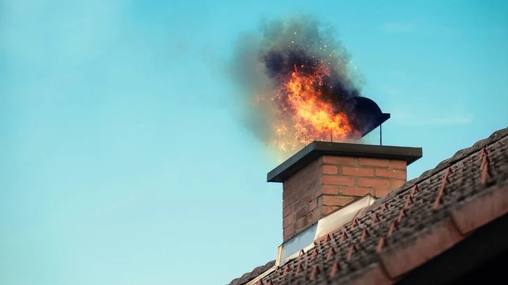 Hořící komín na střeše ukazuje důležitost revize.