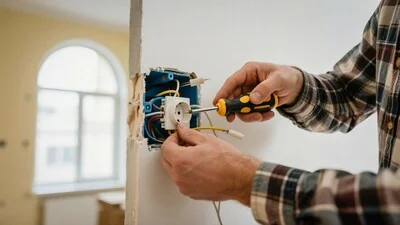 Ruční instalace elektrického vypínače v domácnosti s odpojenými vodiči.