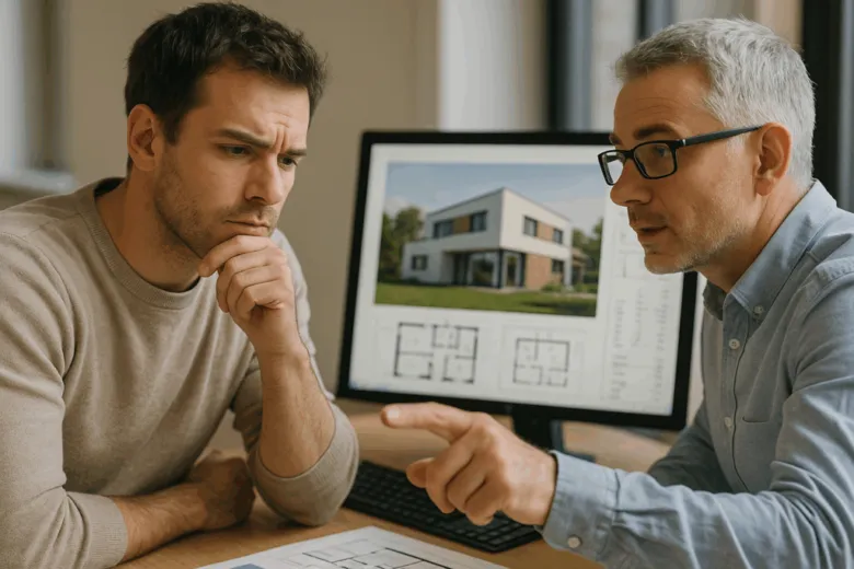Architekt poradcí s klientem o projektu rodinného domu.