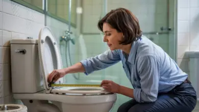 Žena měří okraj WC prkénka páskou pro správnou instalaci.