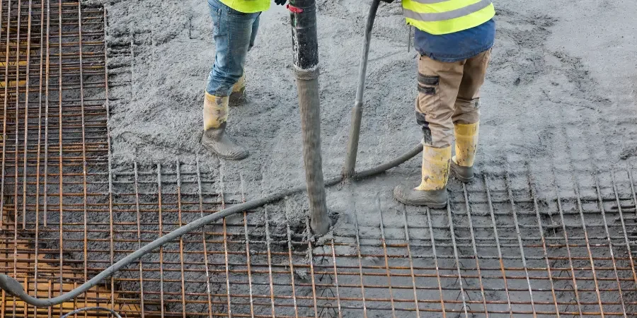 Dva dělníci nalévají beton na ocelovou mřížku do ztraceného bednění.