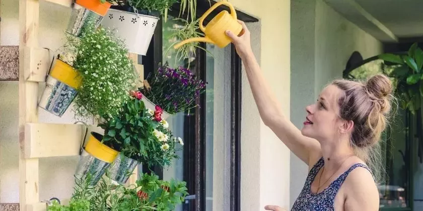 Žena zalévá rostliny na truhlíku z palety.