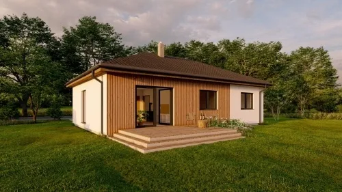 Moderní dřevostavba s přírodním okolím a velkým oknem.