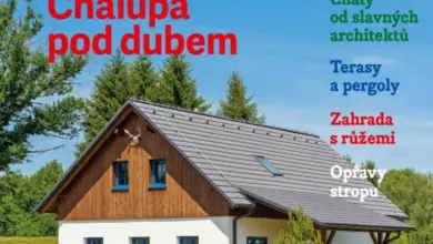 Chata pod dubem s červeným autem na trávníku.