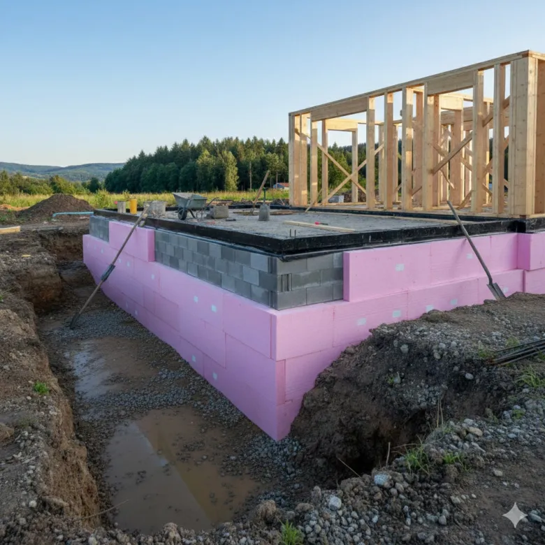Základ domu s růžovou hydroizolační fólií před zploštěním.