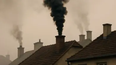 Černý kouř stoupá z komína domů v obci.