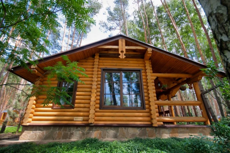 Dřevěná chatka uprostřed lesa jako ukončený projekt.