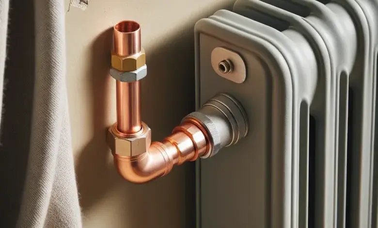 Měděný potrubí připojené k radiátoru topení na zdi.