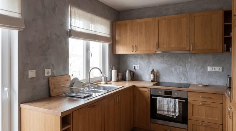 Moderní kuchyň s dřevěnými skříněmi a betonovou stěrkou za linku.