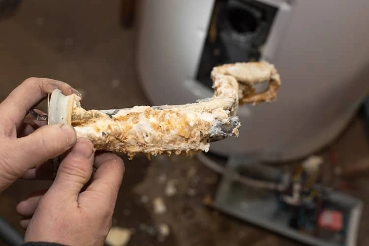 Ručně držený termostat bojleru pokrytý usazeninami a korozi.