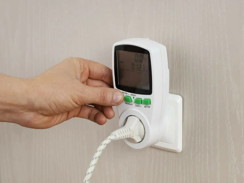 Ruka tlačí na displej měřiču spotřeby elektrické energie v zásuvce.
