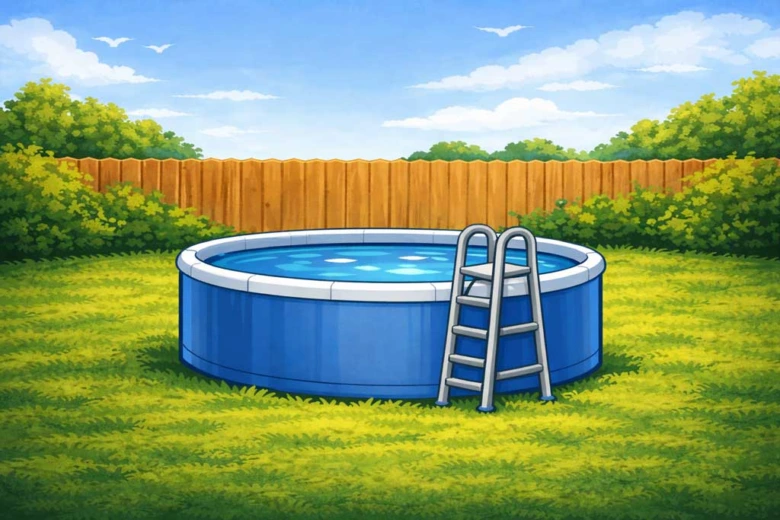 Above-ground pool in backyard