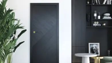 Moderní černá dveře v interiéru bytu s rostlinami.